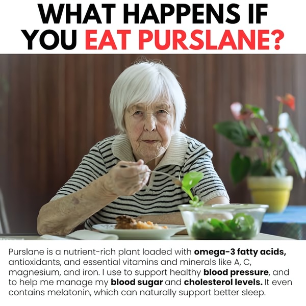 This ad creative uses a question-based educational hook to inform users about the health benefits of Purslane, featuring an older adult to build trust.